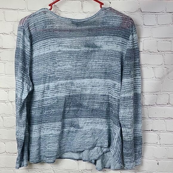 Lucky Brand 100% Linen Printed Ruffle Top Blue Multi Peplum Knit Tee Stripes LG - Picture 3 of 6